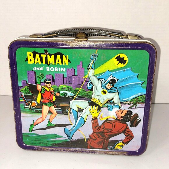 Vtg Batman and Robin Tin Lunchbox - Missing graphics on sides - No Thermos - Picture 1 of 5
